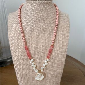 Pink and Gold Beaded Necklace with Shell Pendant